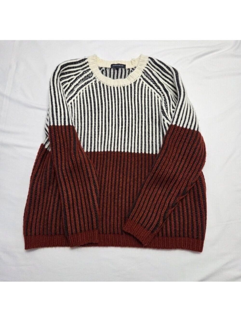 Warehouse One Chunky Knit Colorblock Striped Crewneck Sweater Rust Cream Size M